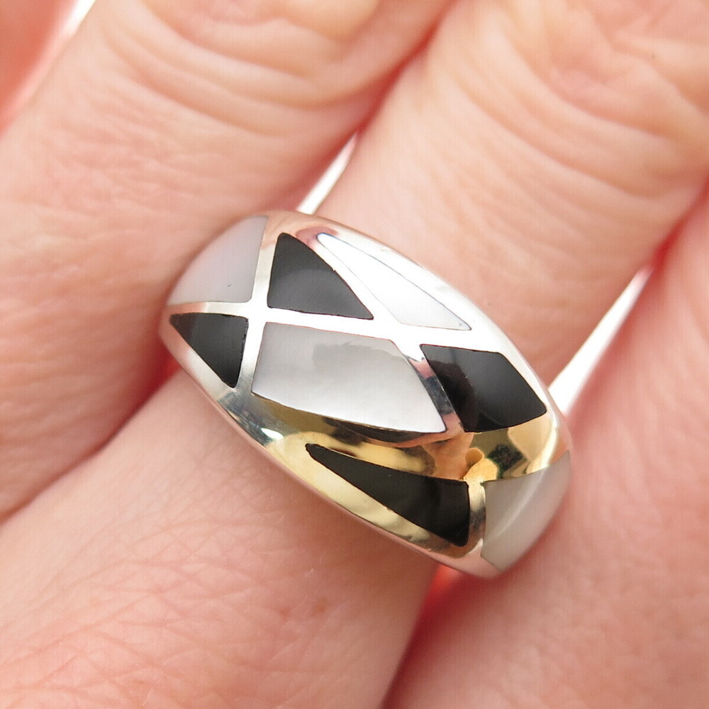 Eric Grossbardt 925 Sterling Silver 18K Gold Vintage Real MOP & Onyx Ring Size 7